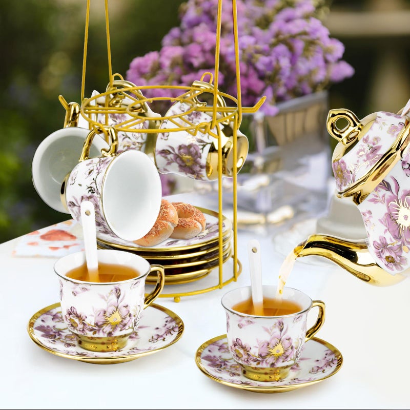 Hebaogugu 20 Pcs Porcelain Tea Set with Metal Holder, European Ceramic Tea Set for Adults, Adult Tea Set Gift, Flower Tea Cup Saucer Set for Party With Gold Flower Painting (Elegant Purple/500ml) - Image 2