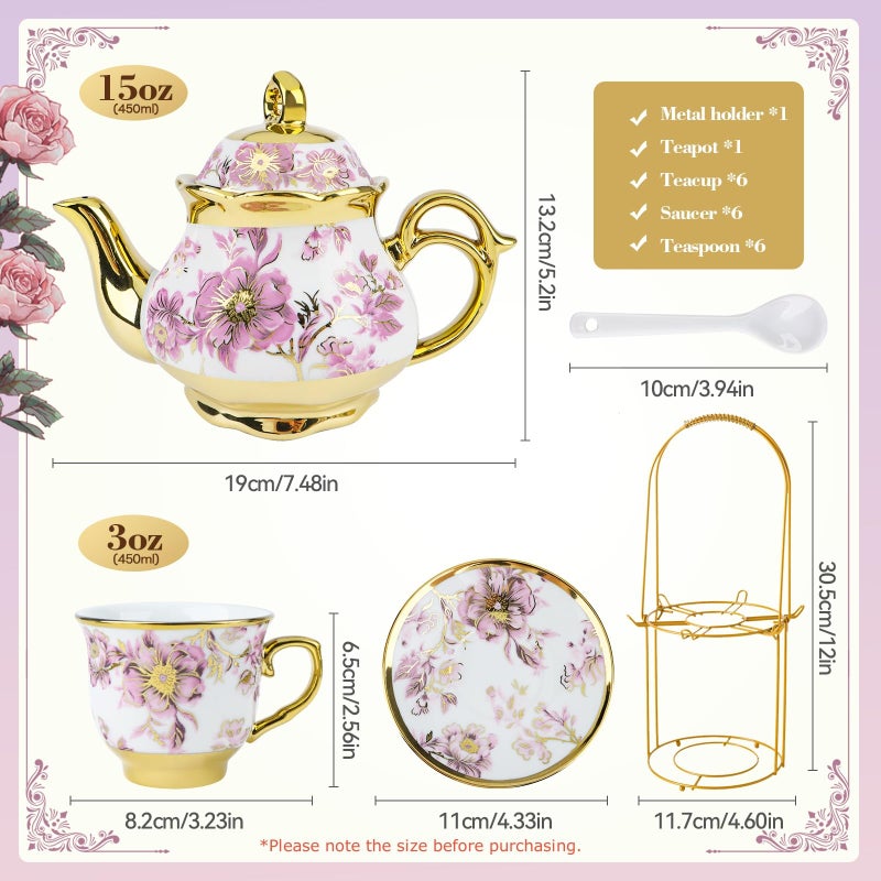 Hebaogugu 20 Pcs Porcelain Tea Set with Metal Holder, European Ceramic Tea Set for Adults, Adult Tea Set Gift, Flower Tea Cup Saucer Set for Party With Gold Flower Painting (Elegant Purple/500ml) - Image 4