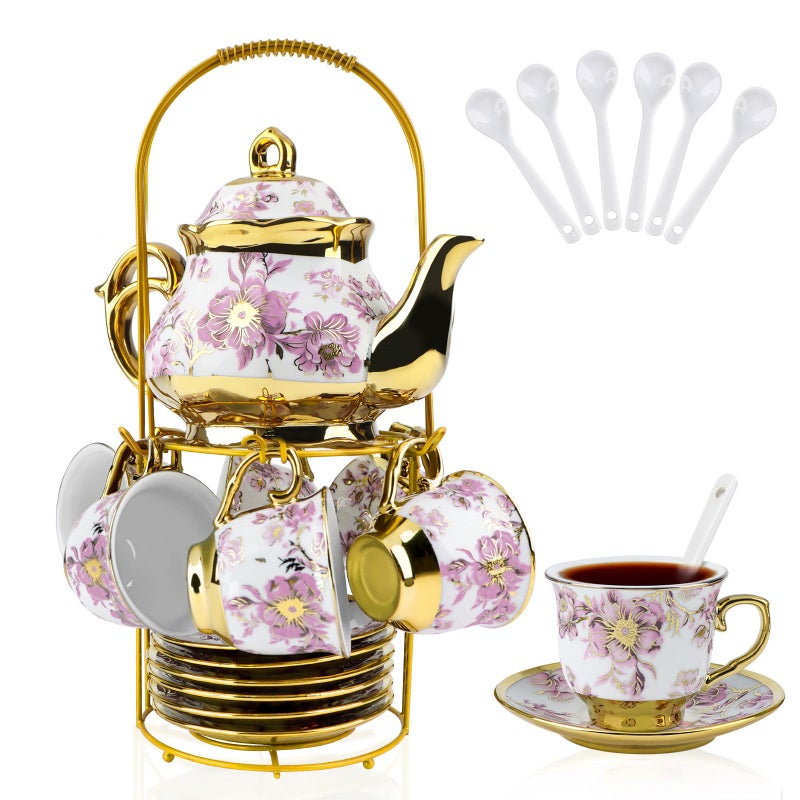 Hebaogugu 20 Pcs Porcelain Tea Set with Metal Holder, European Ceramic Tea Set for Adults, Adult Tea Set Gift, Flower Tea Cup Saucer Set for Party With Gold Flower Painting (Elegant Purple/500ml) - Image 1