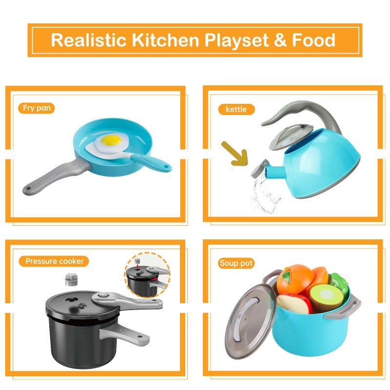 Zero Zoo 105Pcs Kids Kitchen Toy Accessories, Toddler Pretend BBQ Camping Cooking Playset, Play Pots, Pans, Utensils Cookware Toys, Play Food Set, Vegetables, Learning Gift for Girls Boys (Turquoise) - Image 5
