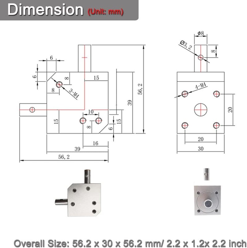 PGFUN 1:1 Right Angle Tapered Bevel Gearbox Mini with 20 Teeth and 8mm Shaft - Image 4