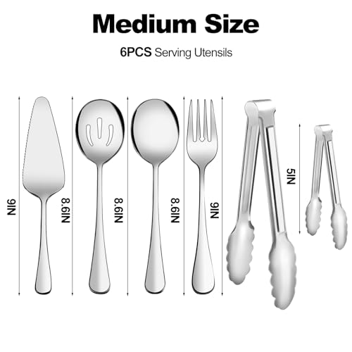 XEVOM Serving Utensils, XEVOM 6-Piece Stainless Steel Serving Utensil Set Include Serving Spoon, Slotted Serving Spoon, Serving Fork,Serving Tong, Appetizers Tong,Pie Server (Silver), Regular - Image 2
