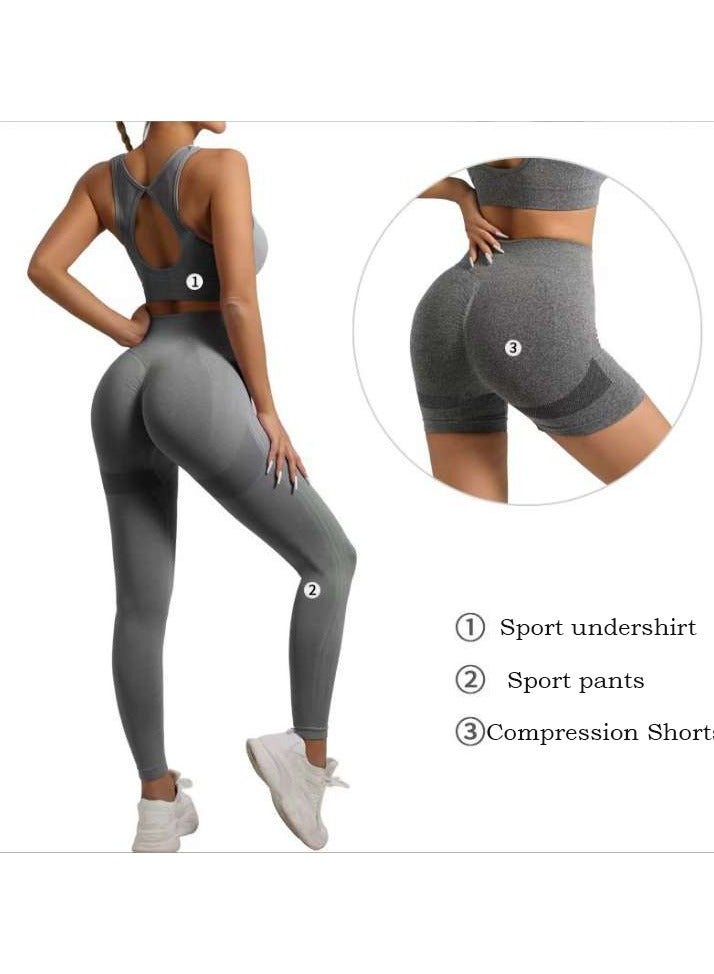 3 Piece Workout Sets for Women Butt Lifting Leggings with High Impact Sports Bra Gym Shorts  - Image 1