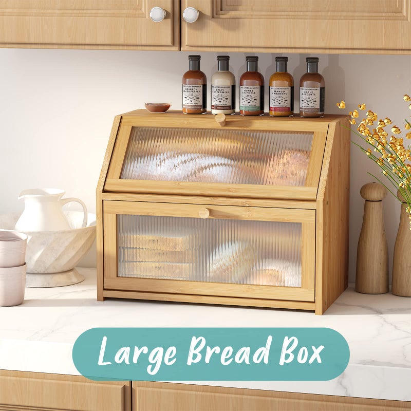 Vriccc Bread Box for Kitchen Counter, Large Bamboo Wood Double Layer Bread Box, Wooden Bread Storage Capacity - Image 2