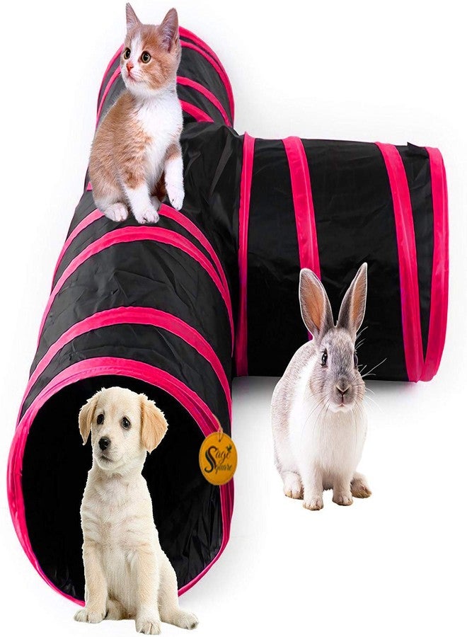 Sage Square Big Size Portable Sleeping Bag Exercise 3 Way Tunnel with Hanging Ball for Cat, Kitten, Rabbit, Guinea Pig, Puppy (Red) - Image 1