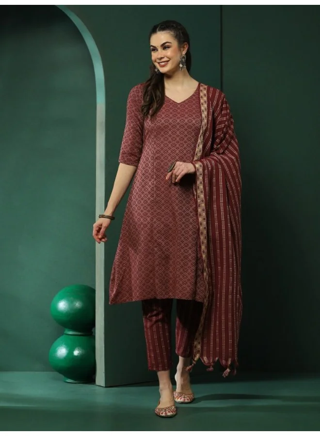 AKS Maroon Printed A-Line Kurta Pant With Striped Dupatta