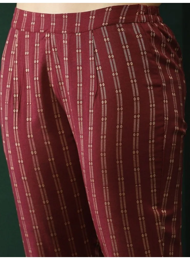 AKS Maroon Printed A-Line Kurta Pant With Striped Dupatta
