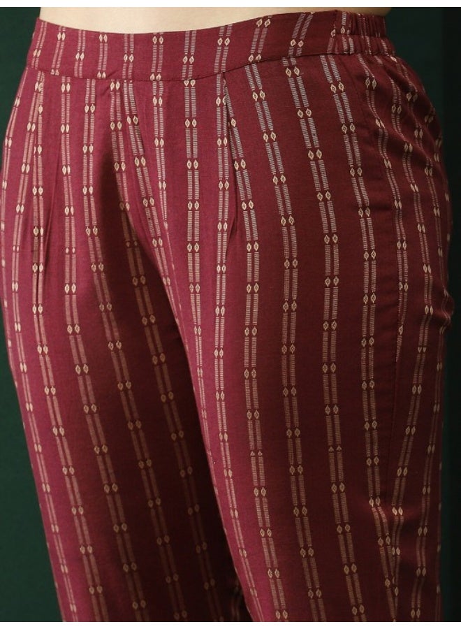 AKS Maroon Printed A-Line Kurta Pant With Striped Dupatta - Image 3
