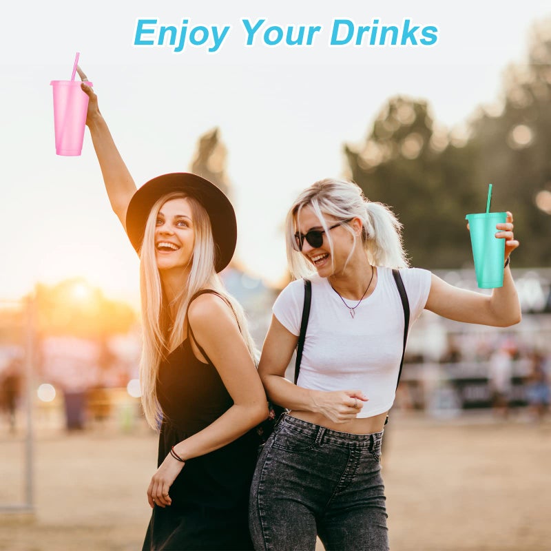 LEIFEOSH 24 Pack Plastic Tumblers with Lids and Straws  Reusable Cups with Lids Plastic Colorful Cups for Parties Birthdays  Iced Coffee Cup Travel Mug Cold Drink Cups Bulk Tumblers (24 oz  Dark Colors) - Image 5