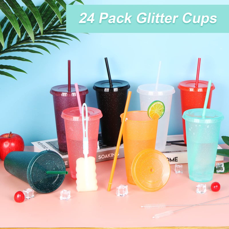 LEIFEOSH 24 Pack Plastic Tumblers with Lids and Straws  Reusable Cups with Lids Plastic Colorful Cups for Parties Birthdays  Iced Coffee Cup Travel Mug Cold Drink Cups Bulk Tumblers (24 oz  Dark Colors) - Image 4