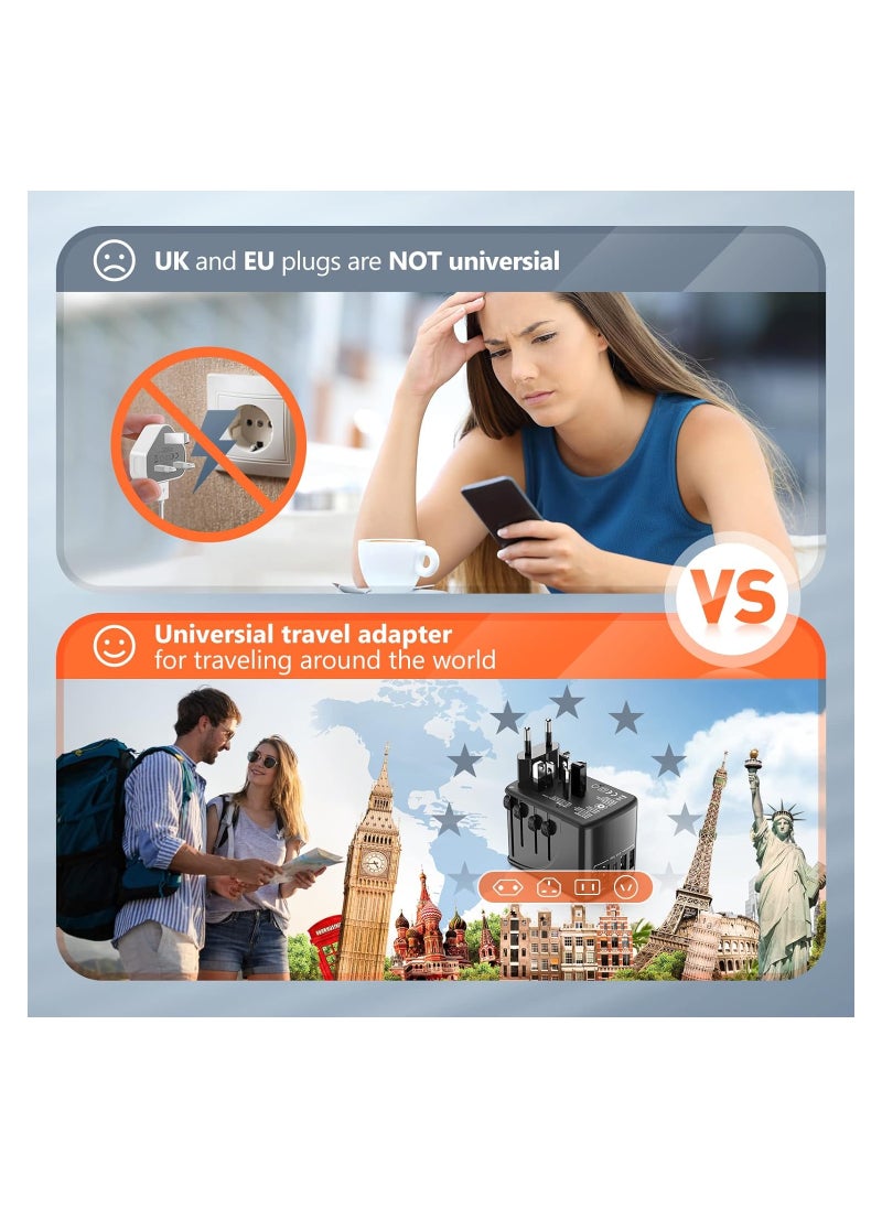 KASTWAVE Universal European Travel Plug Adapter - All-in-One Wall Charger for Worldwide Use - US EU UK Europe Spain Australia Switzerland Ireland Italy Compatible - 6.5A 5 USB Type-C Outlets (Black)  - Image 2