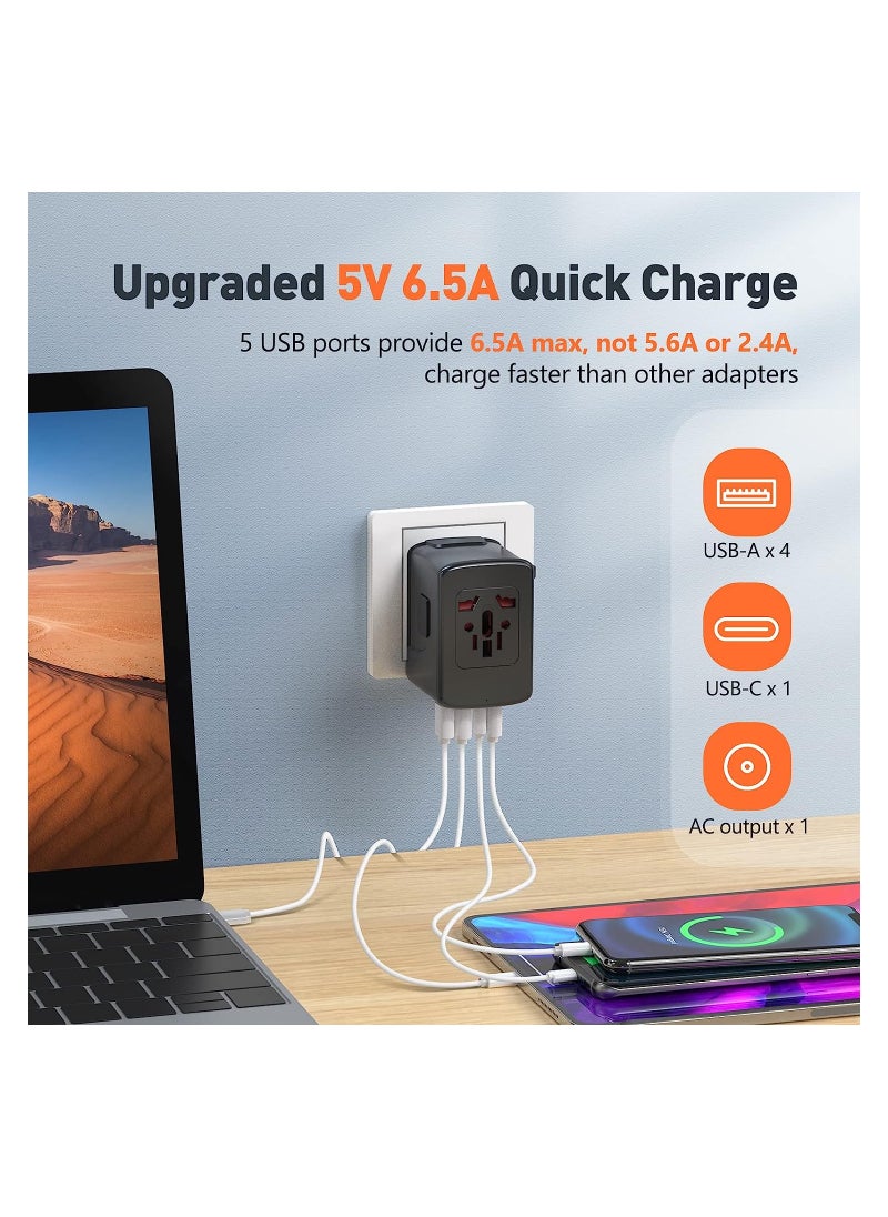 KASTWAVE Universal European Travel Plug Adapter - All-in-One Wall Charger for Worldwide Use - US EU UK Europe Spain Australia Switzerland Ireland Italy Compatible - 6.5A 5 USB Type-C Outlets (Black)  - Image 5