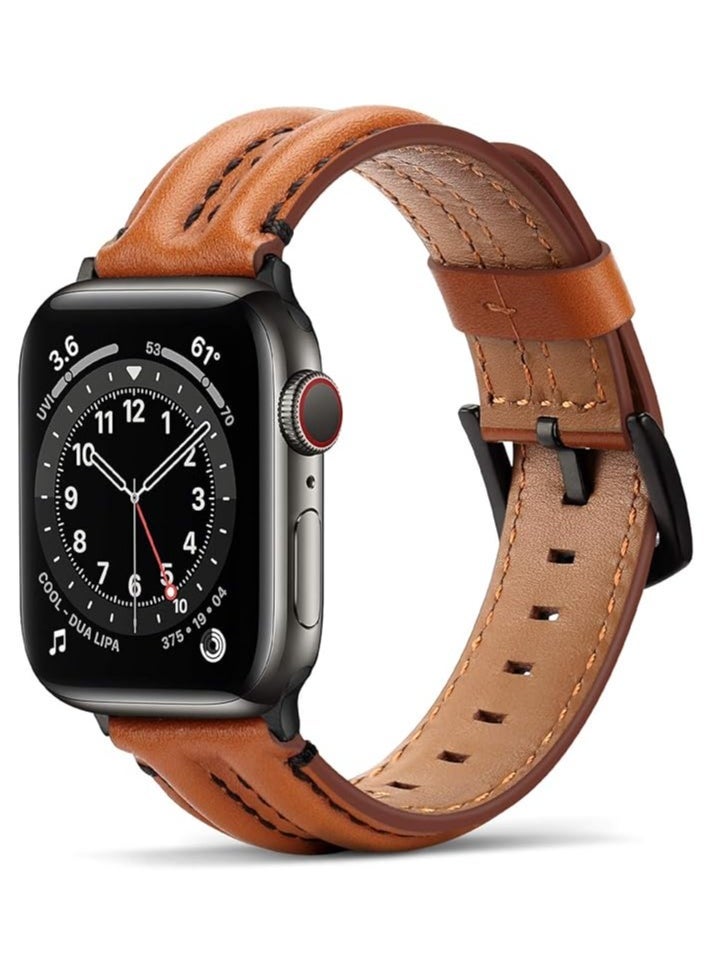Compatible with Apple Watch Band Series 8 7 6 5 4 3 2 1 SE, Genuine Leather Replacement Bands for Women Men - Image 1