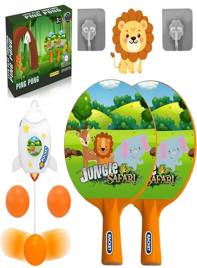 FITORIX Hanging Table Tennis Trainer for Kids Indoor Self Training Portable Ping Pong Set 10 Pieces 2 Racket 2 Balls 2 Hooks 1 Space Rocket and 2 Jungle Safari Stickers in 1 Jungle Box - Image 1