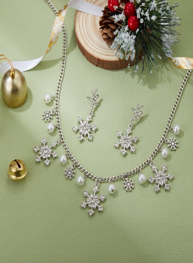 BriLove Christmas Winter Snowflakes Necklace Earrings Set Sparkling Bling Cubic Zirconia Collar Necklaces Drop Dangle Earrings Xmas Holiday Party Jewelry Gift for Women Clear Silver-Tone - Image 4