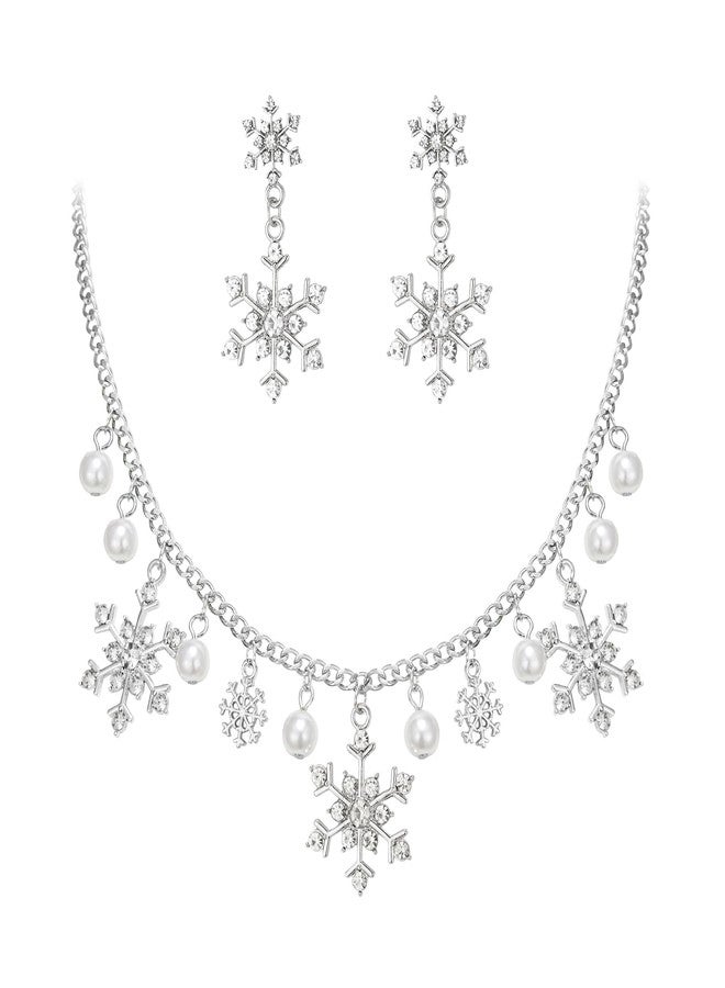 BriLove Christmas Winter Snowflakes Necklace Earrings Set Sparkling Bling Cubic Zirconia Collar Necklaces Drop Dangle Earrings Xmas Holiday Party Jewelry Gift for Women Clear Silver-Tone - Image 1