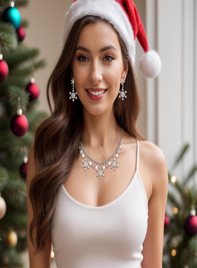 BriLove Christmas Winter Snowflakes Necklace Earrings Set Sparkling Bling Cubic Zirconia Collar Necklaces Drop Dangle Earrings Xmas Holiday Party Jewelry Gift for Women Clear Silver-Tone - Image 2