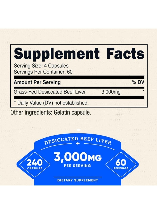 Nutricost Grass Fed Desiccated Beef Liver Capsules 3000mg Per Serving 240 Cap for 60 Servings - Image 2