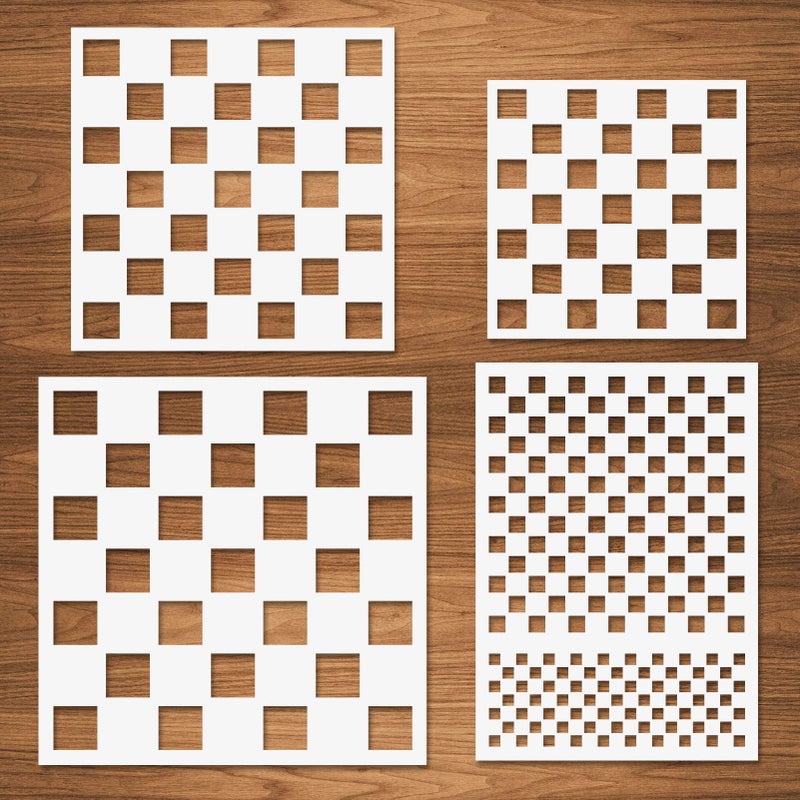 CODOHI Chess Board Stencils 4 Pcs Checkerboard Stencils Square Shape Stencils Assorted Sizes Reusable Mylar Plastic Templates for Painting on Wood Pillows Wall Scrapbook Card Making DIY Craft