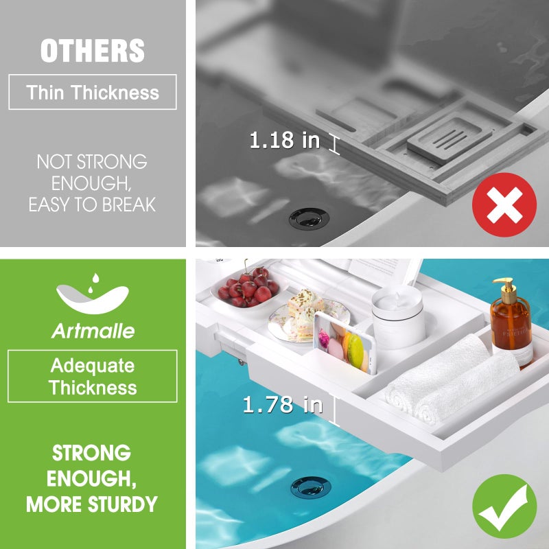 Artmalle Bathtub Caddy Tray - Expandable and Foldable Bath Tray for Tub, Luxury Bamboo Bath Caddy Tub Table, Bathtub Accessories with Book Holder and Free Soap Dish, White - Image 4
