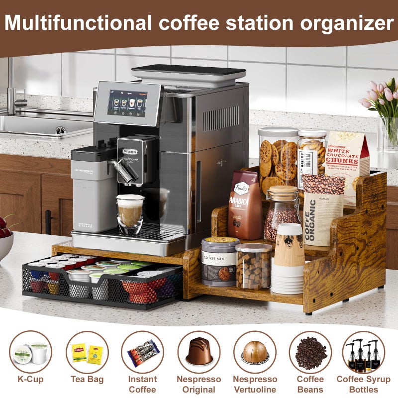 Bliesosfud Coffee Station Organizer with K Cup Holder, 28 Pod Capacity,3-Tier Syrup Rack with Coffee Pod Holder Drawer, Coffee Bar organizer Countertop for Accessories,Rustic Brown - Image 2