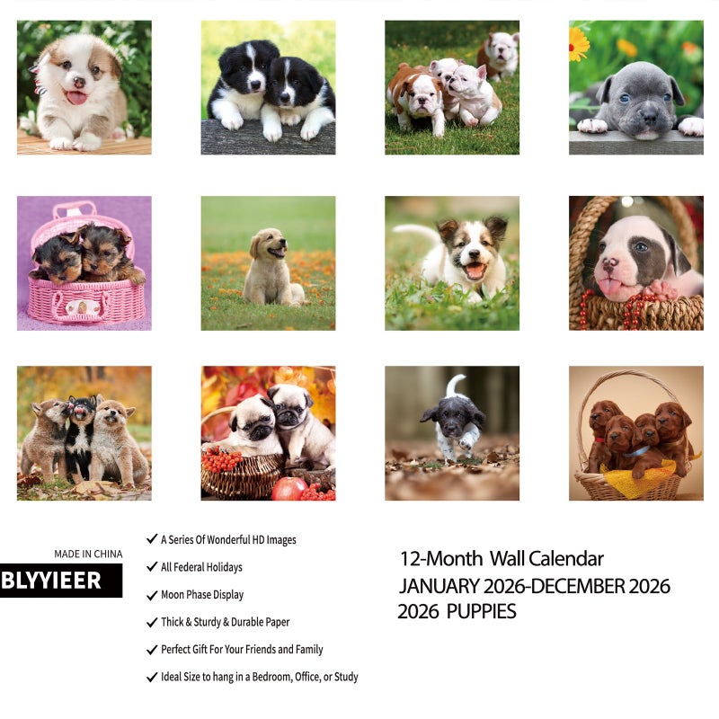 BLYYIEER 2026 Wall Calendar,Calendar 2026,Puppy Monthly Wall Calendar, 12" x 24" Open,Family Planner Calendar Organizer with Cute Puppy Images, for Puppies Dogs Lovers - Image 2