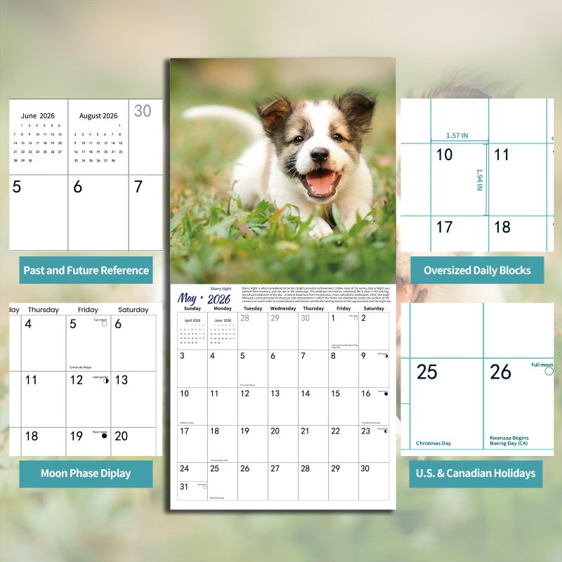 BLYYIEER 2026 Wall Calendar,Calendar 2026,Puppy Monthly Wall Calendar, 12" x 24" Open,Family Planner Calendar Organizer with Cute Puppy Images, for Puppies Dogs Lovers - Image 5