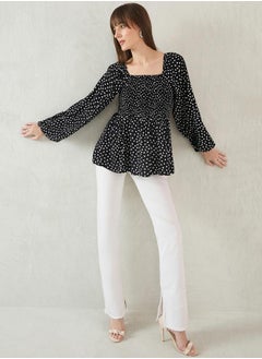 Femmella All-Over Print Smocked Detail Peplum Top by Styli  - Image 5