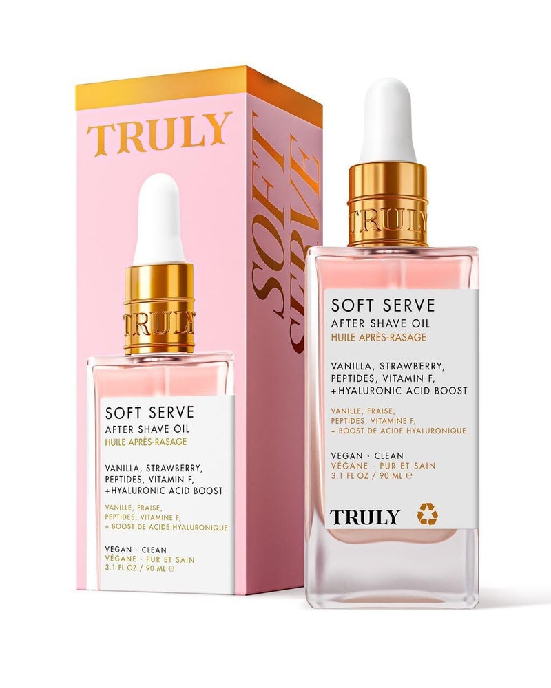 Truly Beauty Soft Serve After Shave Oil | Hydrating Treatment for Ingrowns & Irritation | Peptides, Hyaluronic Acid & Strawberry Extract | Soothes & Smooths Skin | Strawberry Vanilla Scent (3.1 Fl Oz) - Image 1