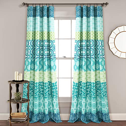 Lush Decor Bohemian Stripe Window Curtain Panels, Pair 52" W x 84" L Blue & Green - Light Filtering Curtains for Bedroom - Boho Curtains - Maximalist Decor - Image 1