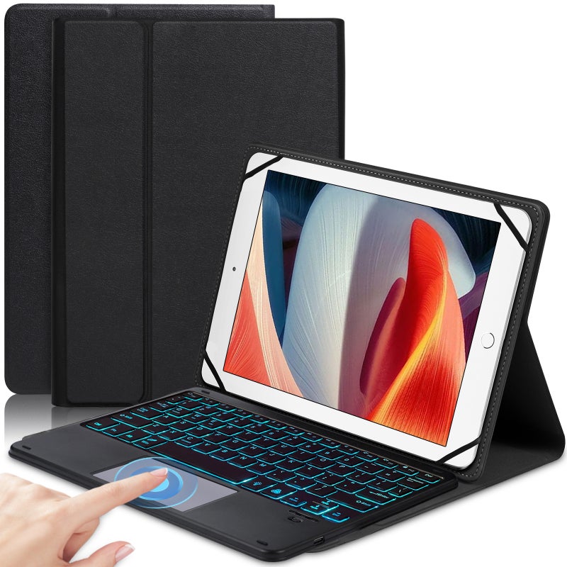 Wireless Bluetooth Keyboard Protective Case: 9-Inch to 11-Inch, Black, 7-Color Backlit Touchpad, Auto Wake-Sleep, 3-Stand Positions, Shortcut Keys for iOS Android Windows Tablets for Office & On-The-G - Image 1