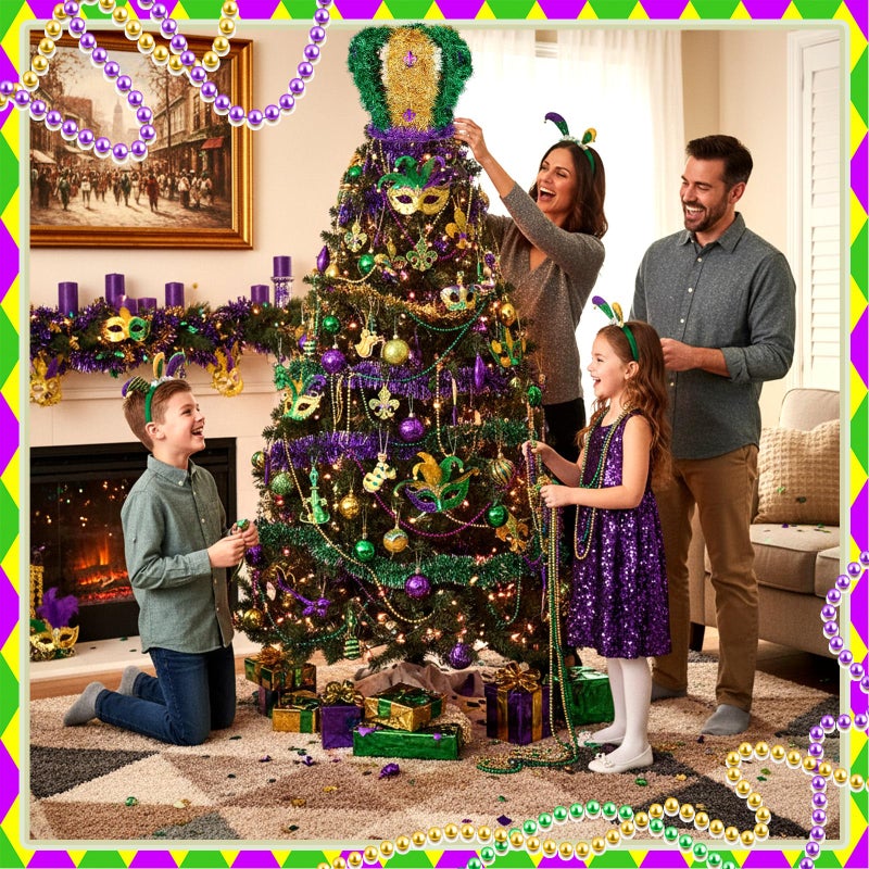 Soulchen Mardi Gras Tree Topper Mardi Gras King Crown Decorations Purple Green Gold Glitter Decoration with Fleur-de-lis for Carnival New Orleans Masquerade Home Supplies Party - Image 4