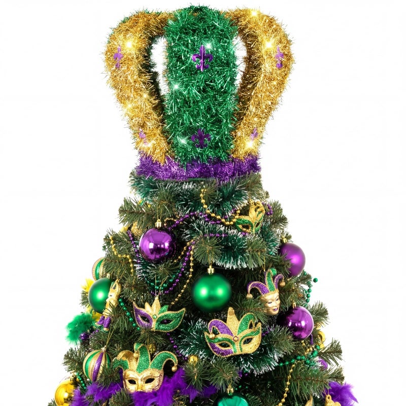 Soulchen Mardi Gras Tree Topper Mardi Gras King Crown Decorations Purple Green Gold Glitter Decoration with Fleur-de-lis for Carnival New Orleans Masquerade Home Supplies Party - Image 1