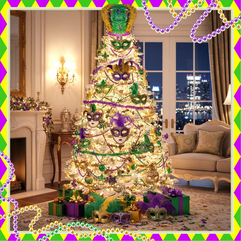 Soulchen Mardi Gras Tree Topper Mardi Gras King Crown Decorations Purple Green Gold Glitter Decoration with Fleur-de-lis for Carnival New Orleans Masquerade Home Supplies Party - Image 5