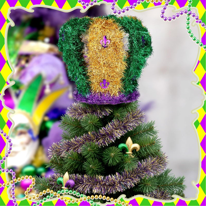 Soulchen Mardi Gras Tree Topper Mardi Gras King Crown Decorations Purple Green Gold Glitter Decoration with Fleur-de-lis for Carnival New Orleans Masquerade Home Supplies Party - Image 3