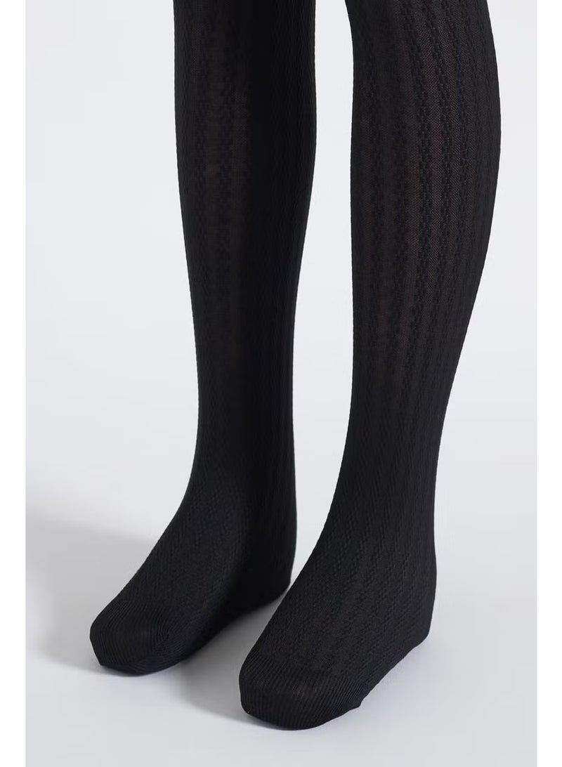 Katia&Bony Girls 20 Denier Knitted Patterned Tights Black - Image 2