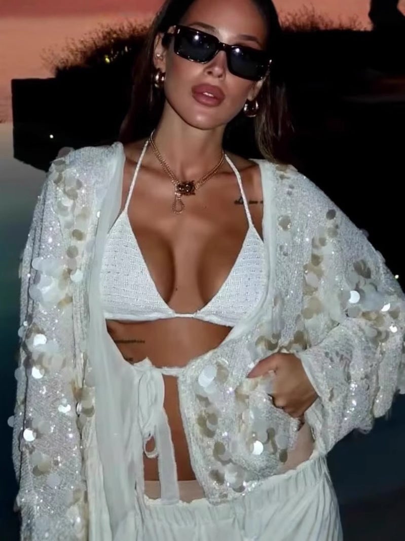 كيمونو موضة نسائية جديدة بليسيه لامعة سترة كاردigan بأكمام طويلة - Image 2