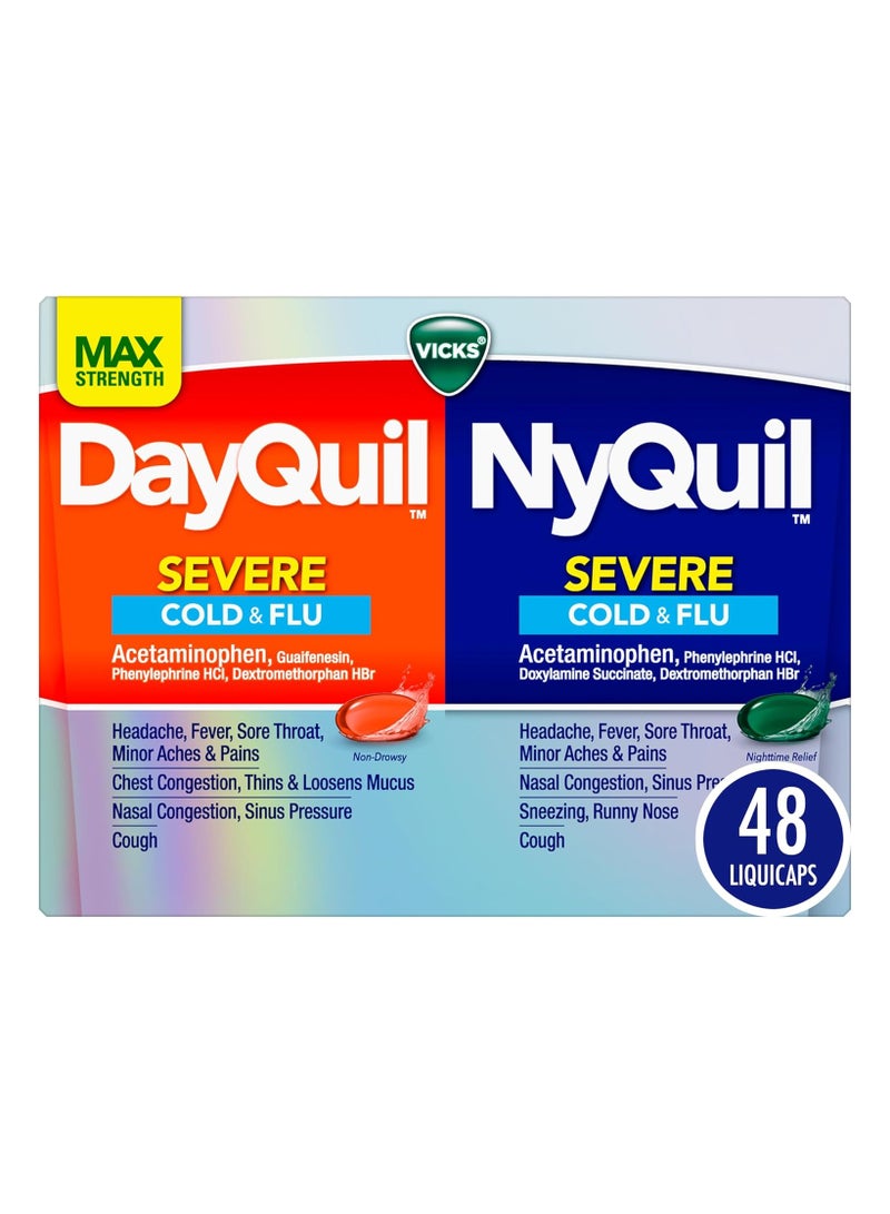 Vicks DayQuil and NyQuil VapoCOOL SEVERE Combo Cold & Flu + Congestion Medicine, Max Strength Relief For Fever, Sore Throat, Nasal Congestion, Sinus Pressure, Cough, 48 Count - 32 DayQuil, 16 NyQuil 