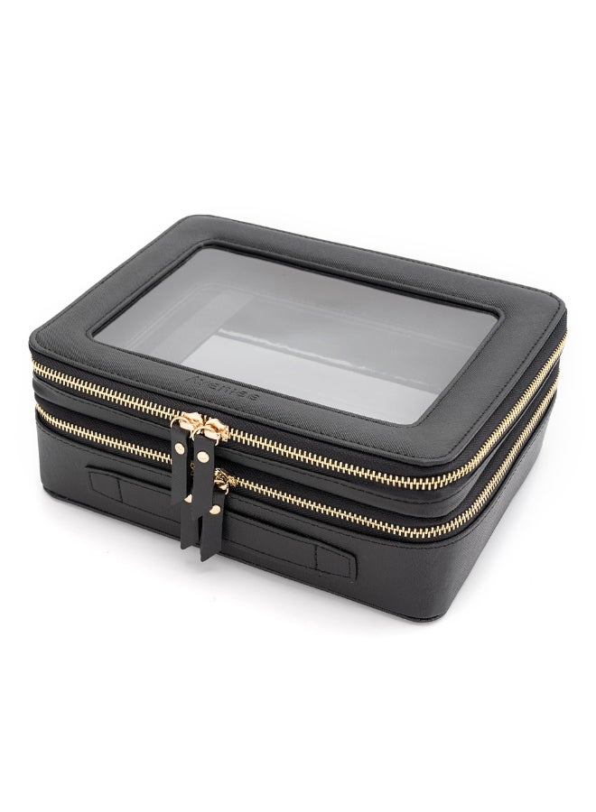 Aveniee XL Clear Makeup OrganizerDouble Layer Travel Cosmetic Case with Brush Holder Zippered CompartmentsBig Toiletry Bag for Travel Accessories2 Layers LargeBlack - Image 2
