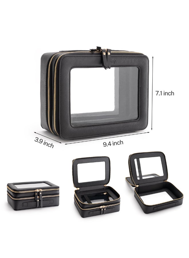 Aveniee XL Clear Makeup OrganizerDouble Layer Travel Cosmetic Case with Brush Holder Zippered CompartmentsBig Toiletry Bag for Travel Accessories2 Layers LargeBlack - Image 4
