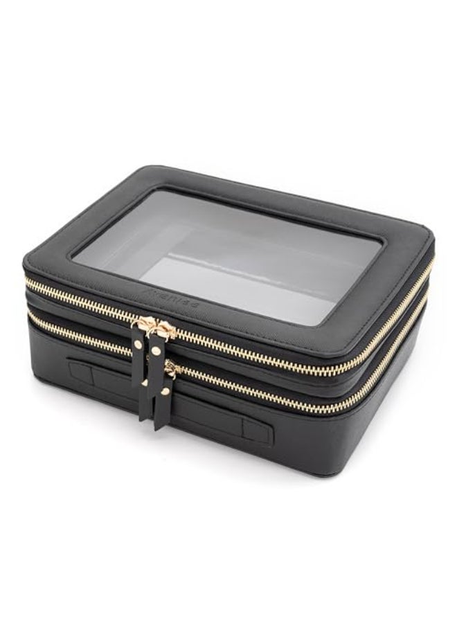 Aveniee XL Clear Makeup OrganizerDouble Layer Travel Cosmetic Case with Brush Holder Zippered CompartmentsBig Toiletry Bag for Travel Accessories2 Layers LargeBlack - Image 1