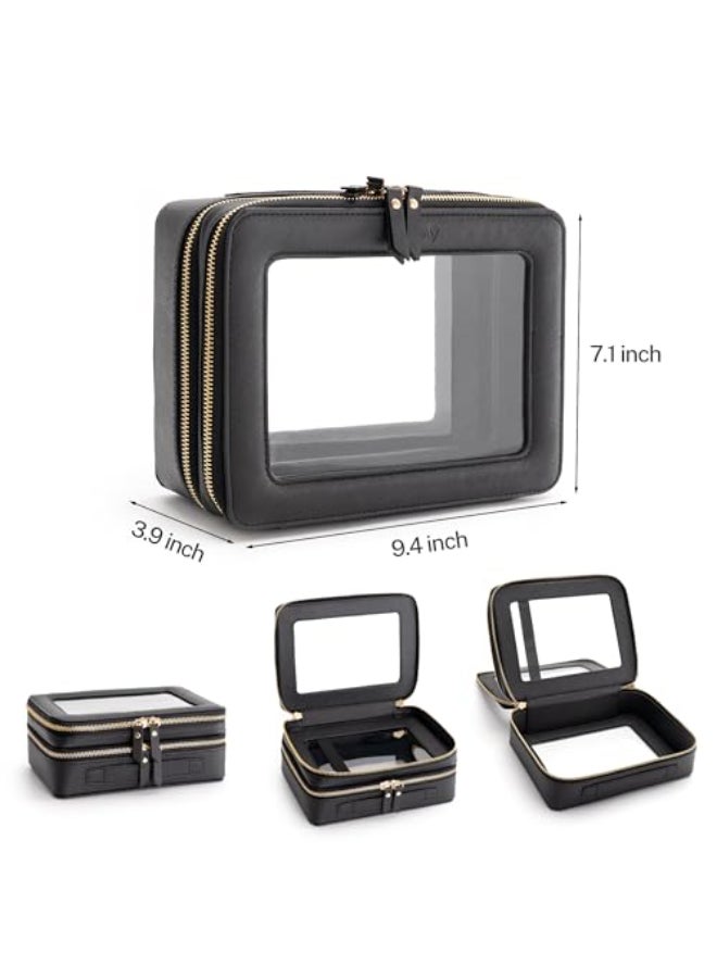 Aveniee XL Clear Makeup OrganizerDouble Layer Travel Cosmetic Case with Brush Holder Zippered CompartmentsBig Toiletry Bag for Travel Accessories2 Layers LargeBlack - Image 3