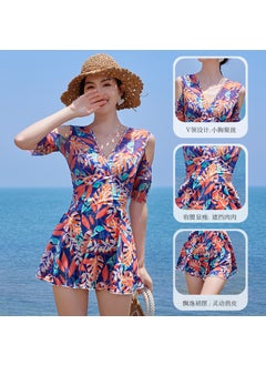 New Summer Ladies Elastic Printed Swimsuit Set Dark Flower conjoined