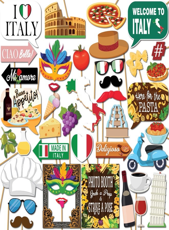 Outside The Booth Italian Photo Booth Props - 41-pc Photobooth Kit with 8 x 10-Inch Sign, 60 Adhesive Pads, 45 Sticks - Italian Party Decorations - Italian Birthday Decorations - Italy Decorations - Image 2