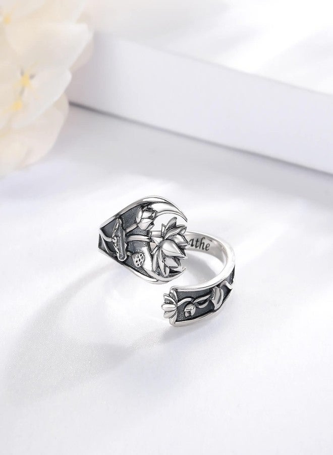 Sariel Just Breathe Lotus Flower Spoon Rings for Women 925 Sterling Silver Vintage Inspirational Band Ring Adjustable Jewlery Gifts - Image 2