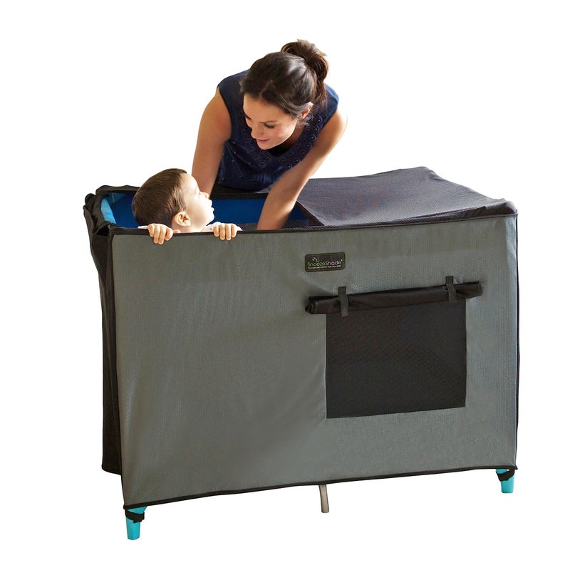 SnoozeShade Pack n Play Travel Crib Blackout Cover Blackout Crib Cover Pack and Play Black Out Cover MomInvented Safety Tested with Optimal Airflow