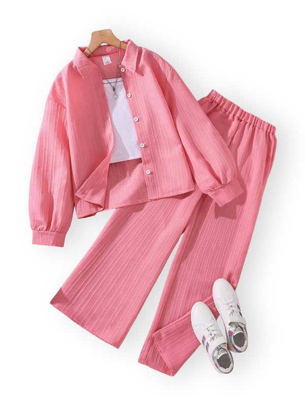 Niren Enterprise Girls' 2-Piece Co-Ord Pink Shirt & Pants, Soft Fabric, Casual Wear, Relaxed Fit for Kids Set - Image 1