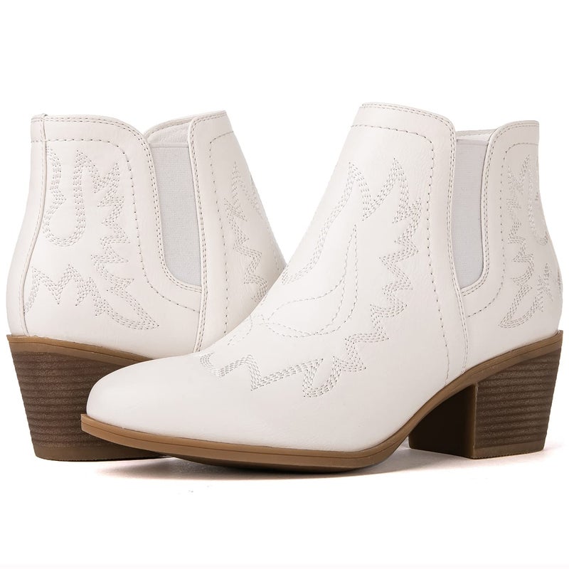 GLOBALWIN Women's White Cowboy Boots Western Style Comfortable Pull On Short Ankle Cowgirl Boots For Women Low Heel Size 11M - Image 1