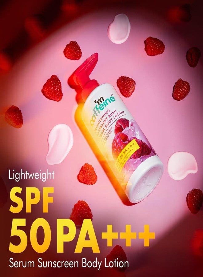 mCaffeine Brightening SPF 50 PA+++ Body Sunscreen Lotion | Instant Cooling, De-tan Body Lotion with Vitamin C Rich Raspberries & Niacinamide | Lightweight, Non-sticky Sun Protection - 200ml - Image 1