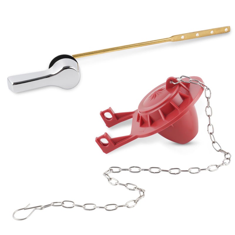 Hibbent Universal Front Mount Toilet Handle Replacement Kit with 2inch Universal Toilet Flapper Stainless Steel Flapper Chains Chrome Finish Toilet Trip Lever and Red Toilet Flapper Replacement Kit